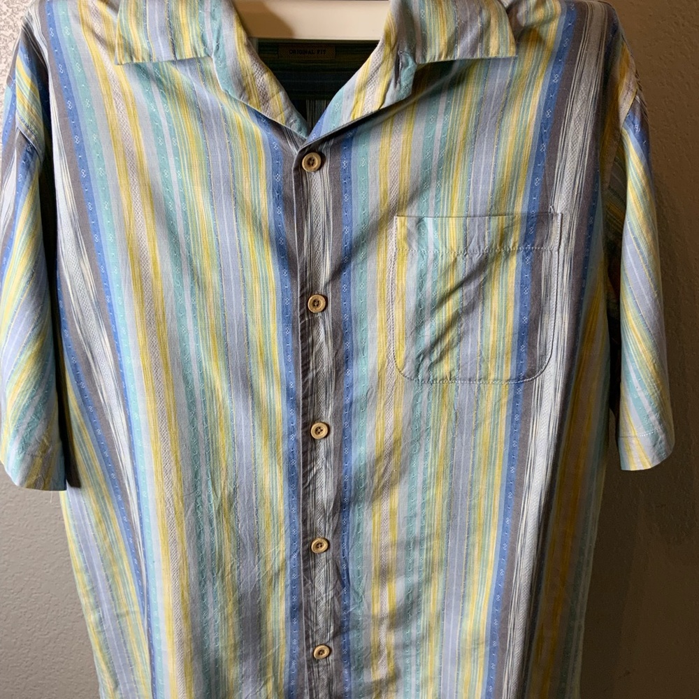 Tommy Bahama Original Fit Men’s Button Up Blue And Yellow Vertical Striped Shirt